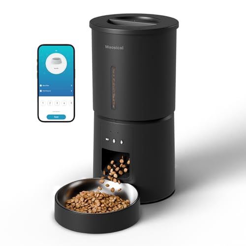 Miaosical Automatic Cat Feeder,2.4G WiFi Timed Auto Cat Food Dispenser with 10s Voice Recorder,Dual Power Supply,4.2L Auto Cats Feeder(Black, 4.2L WiFi Single Bowl)