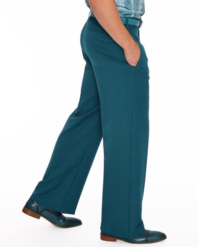 Mens Teal Green Wide Leg Dress Pants Stretch Gabardine 70s Style