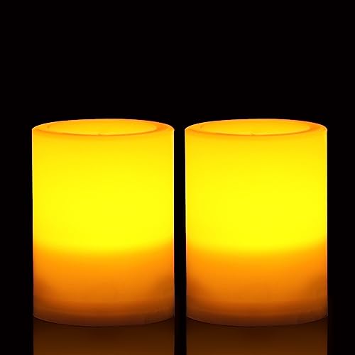 Image of CANDLE CHOICE Outdoor Battery Operated Flameless Candles with Remote Timer Waterproof Flickering Plastic Electric LED Pillar Lights for Lantern Patio Garden Wedding Party Decorations D3 inchxH4 inch 2 Pack