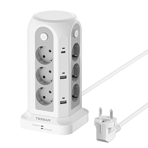TESSAN 12 Fach Mehrfachsteckdose mit USB C, Steckdosenleiste mit 4 Einzelnen Schalter, Verlängerungskabel 2M Verteilersteckdose, Mehrfachsteckdose mit Überspannungsschutz, Steckdosenturm Weiß