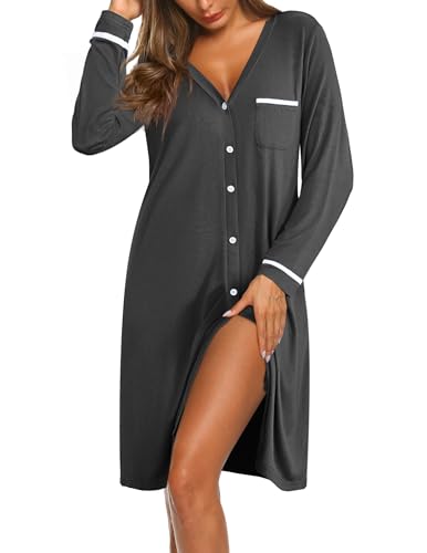 Image of Ekouaer Womens Nightgown V-Neck Sleepwear Long Slevee Button Down Nightshirt