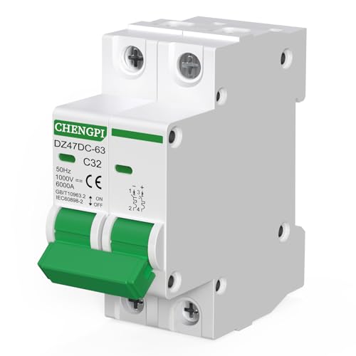 CHENGPI Disyuntor 2P DC 1000V 32A,Interruptor Fotovoltaico de Disyuntor En Miniatura DC Para Energía Solar, Instalado en Una Guía de 35 mm