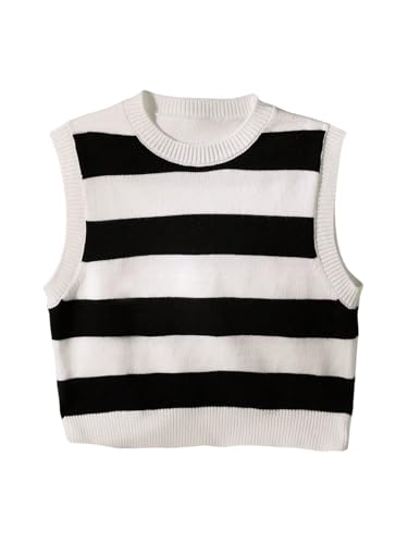 SweatyRocks Girl's Sweater Vest Striped Crew Neck Sleeveless Knit Vest Pullover Crop Tops