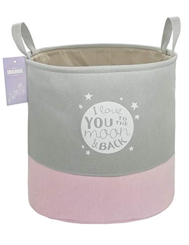 INGHUA Large Canvas Fabric Lightweight Storage Basket/Toy Organizer/Dirty Clothes Collapsible Waterproof for College Dorms, Boys and Girls Bedroom,Bathroom,Laundry Hamper (Pink star)