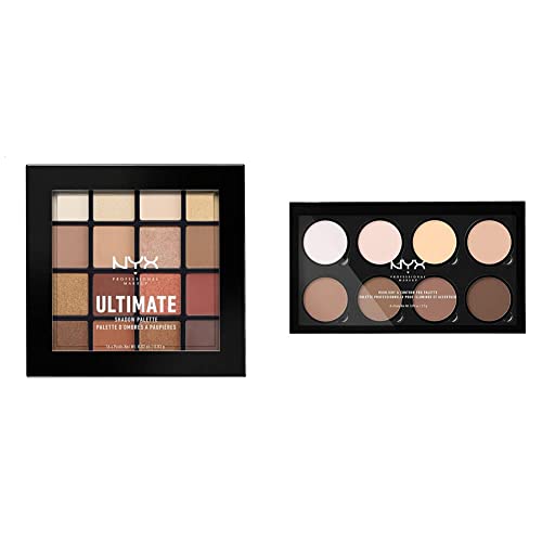 NYX Professional Makeup Highlight & Contour Pro Palette & Ultimate Shadow Palette, Lidschattenpalette, 16 Farbtöne, Schimmernd und Metallisch, Individuelles Finish, Vegane Formel, Warm Neutrals