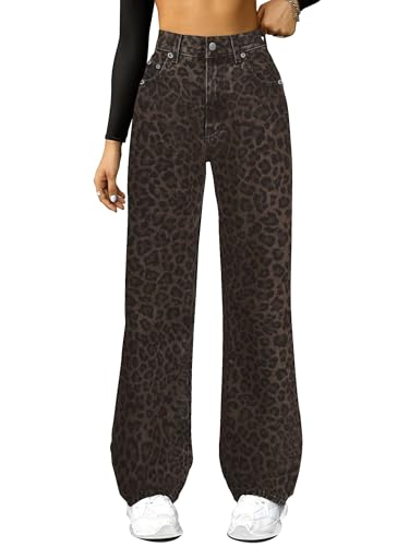 FUNUCA Straight Leg Jeans for Women,High Waisted Wide Leg Loose Microelastic Boyfriend Denim Pants Leopard Print