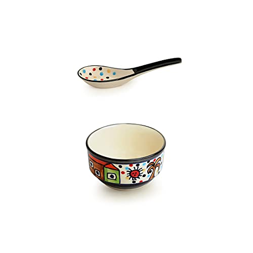 Image of ExclusiveLane 'Soupy Huts' Handpainted Ceramic Soup Bowl with Spoon Set of 2 (260 ML, Dishwasher & Microwave Safe Bowls) | Modern Soup Bowl Ceramic Bowl Set of 2 Soup Bowl Set for Kitchen