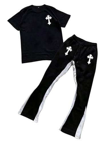 Floerns Men's 2 Piece Outfit Letter Print Tee Shirt Drawstring Waist Pants Set3