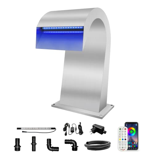 Longrun Wasserfall Spillway Edelstahl S-förmiger Poolbrunnen, RF & App Kontrolliert Farbenfroh LED-Licht Pool Wasserfälle für Innengarten im Freien Garten Rockery Koi Teich Schwimmbäder-32 cm Höhe