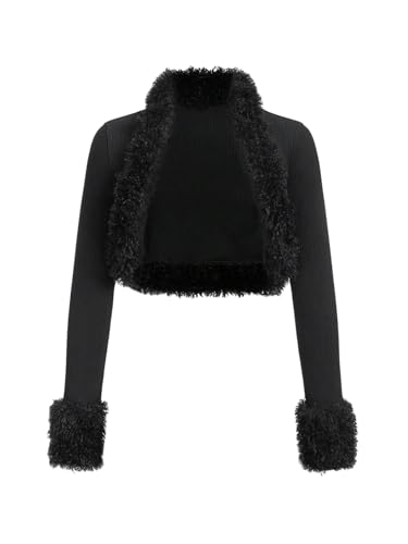 MakeMeChic Women's Faux Fur Open Front Coat Fuzzy Long Sleeve Crop Jacket Outerwear