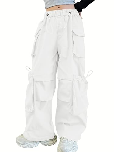 Image of Girls Cargo Pants Wide-Leg Straight Streetwear, 6-14 Years | Elastic Drawstring Vintage Baggy Pants Y2K School Casual