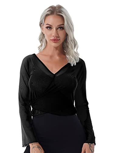 Oyolan Haut Danse Classique Femme Crop Top Manches Longues Slim Fit Maille Tenue Danse Ballet Gymnastique Patinage Dancewear S-XXL Noir S Cover