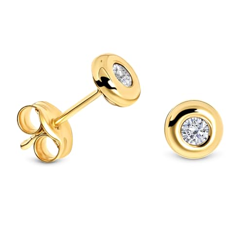 MIORE Schmuck, Ohrringe Damen, Ohrstecker Gold 375 9 Kt Gelbgold, Damenohrringe mit Solitär Zirkonia in Zargenfassung, goldene Ohrstecker Damen, Ohrschmuck