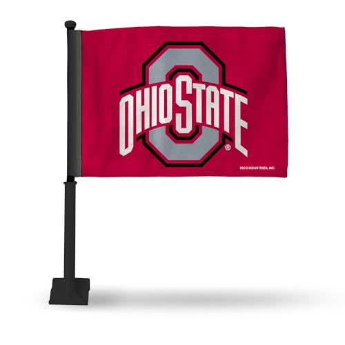 Rico Industries NCAA Ohio State Buckeyes Primary Double Sided Car Flag with Black Pole - 16