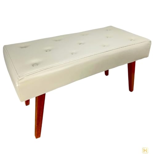 Banco Estofado Estilo Americano Couro Sintético, Pés em Madeira, 90cm, Hall/Quarto/Sala, Heimon Bege