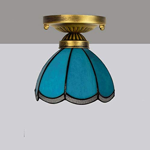 Plafond de style bleu rétro semi flush pendant light vitrail 8 pouces E27