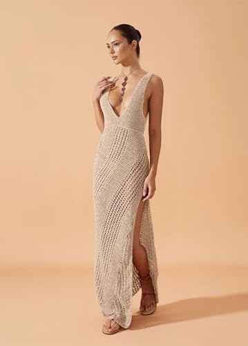 Crochet Swimsuit Coverup Womens Summer Sleeveless Hollow Out Knit Sexy V Neck Side Split Long Beach Dress2