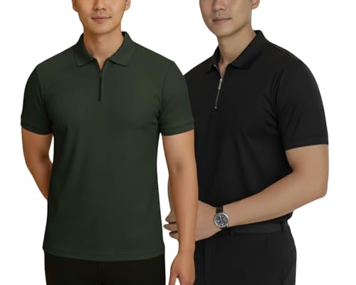 Image of MACK JONNEY Men's Cotton Self Design Polo T-Shirts | Front Half Zipper | Pack of 2 | Multicolour