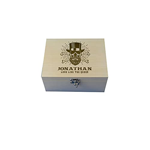 Image of Personalised beard care grooming kit. Engraved wooden box and accessories "Long live the beard!"