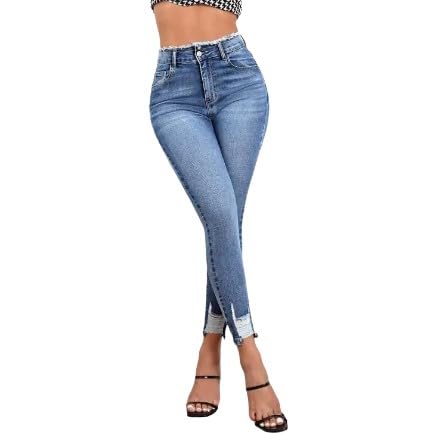High-Waisted Ripped Raw Cut Skinny Jeans with Zipper Fly, Light & Medium Wash, Cropped Denim with Stretch