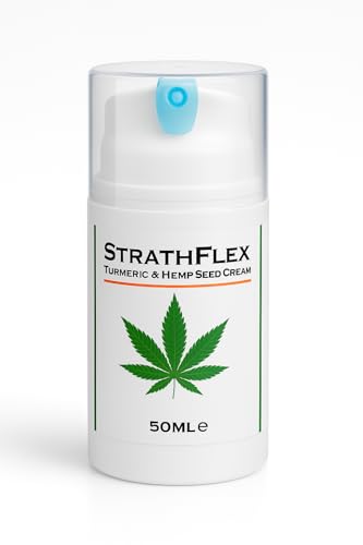 StrathFlex Hemp and Turmeric Cream 50ml. Fast Absorbing, Non Greasy, Moisturizing, Soothing. Hemp Seed Oil, Turmeric, Rosemary, Lavender, Vitamin E | For Back, Knees, Feet, Neck & Joints