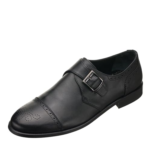 DALGALA Men's Black Leather Handmade Monk Strap Lightweight Brogue Dress Shoes
