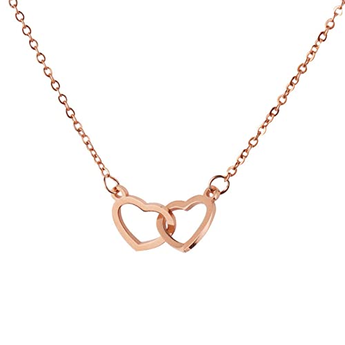 GLJYG Acier Inoxydable Double Amour Collier en Forme De Coeur Entrelacement Double Anneau Pendentif Clavicule Chaîne Coeur Bijoux Cadeaux pour Femme Petite Amie,Or Rose Cover
