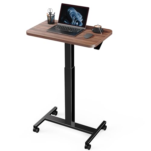 Marsail Mobile Standing Desk, Wider Height Adjustable Computer Desk, Rolling Sit Stand Desk with 4 Lockable Wheels, Desk for Home Office and Classroom, Walnut