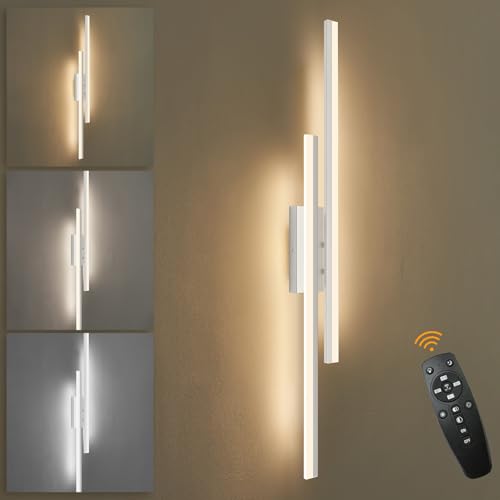 Image of LED Wall Sconce Silver Modern Remote Wall Light Fixtures for Living Room, Dimmable LED Vanity Light Indoor Remote Wall Sconce for Bedside Bedroom Bathroom Dining Room, L39.4inch 1 Pack