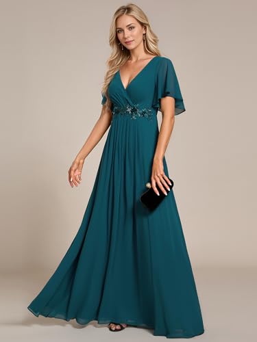 Image of Ever-Pretty Women's Spring Short Sleeve Bridesmaid Dresses V-Neck Chiffon Ruched Empire Waist Appliques Long Formal Dress