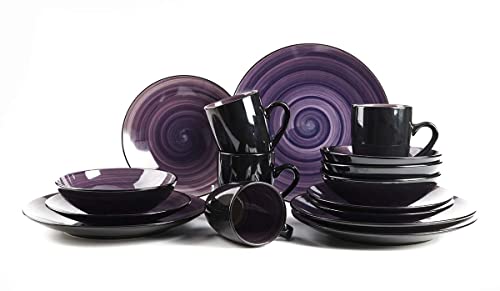 Homevss, Stoneware Sonoma 16Pc Dinnerware Set, Black + Speckled Spin Wash Purple #TOP1