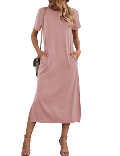 Image of Naggoo Summer Dresses for Women Short Sleeve Side Slit Long T Shirt Dress Beach Sundress Travel Vacation Outfits with Pockets