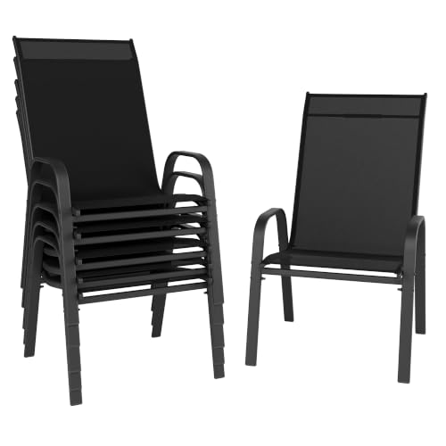 Image of Patio Chairs Set of 6, Stackable Outdoor Dining Chairs for All Weather, Metal Modern Outside Furniture Chair for Pool Side, Garden, Backyard Deck, Black
