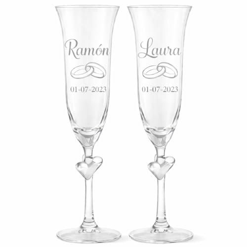 Copas de Boda Personalizadas para Novios con Corazón – Copas de Champán Grabadas con Nombre y Fecha – Copas Brindis Boda – Regalo para Novios con Estuche