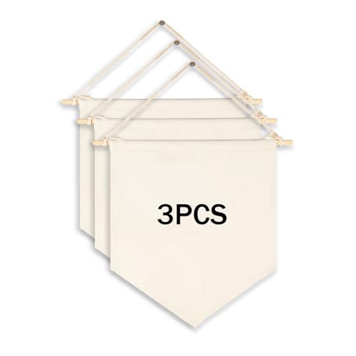 3Pcs Blank Wall Canvas Banners - Blank Pennant Flag Banner& Wooden Dowel &Unbound String - Decorative DIY Wall Decor Interior Decoration Baby Shower Wedding Graduation Space Corner Classroom Decor Meaningful DIY Gift