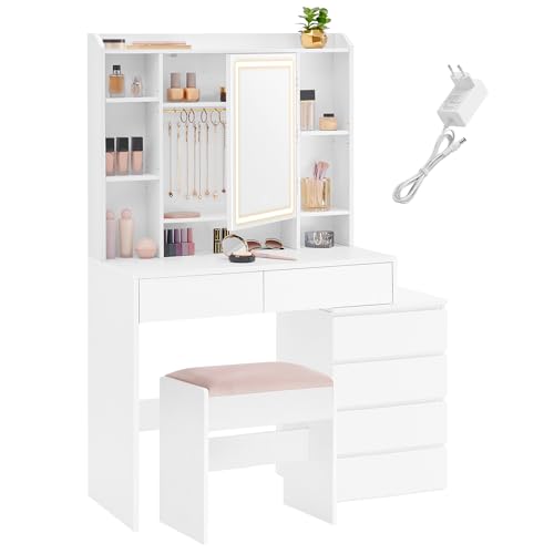 VASAGLE Schminktisch mit LED-Beleuchtung, Frisiertisch mit Spiegel, Schubladen, offenen Fächern, verstellbaren Ablagen, Hocker, einstellbare Helligkeit, modern, wolkenweiß RDT125W01