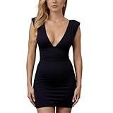 LOFAAC Women Sexy Plunge V Neck Backless Bodycon Mini Dress Tight Fitted Sleeveless Ruched Formal Party Short Dress 2025 Black