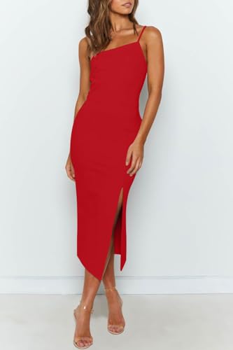 Image of OWIN Women's Adjustable Spaghetti Straps Sleeveless High Waist Split Midi Bodycon Cocktail Party Dress