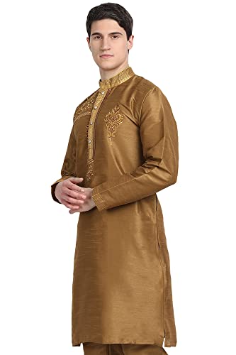 Image of Amazon Brand - Anarva Men Art Silk A-Line Kurta Embroidered Long Kurta