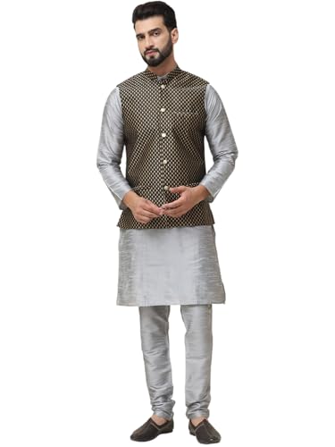Sojanya (Since 1958 Men's Silk Blend Grey Kurta Pyjama & Black Self Design Nehru Jacket Combo