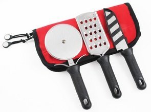 Professional Pizza Meister Kit - 3-Piece, Pizza Cutter Wheel with Cheese Grater and Mini-Santoku in Roll Bag