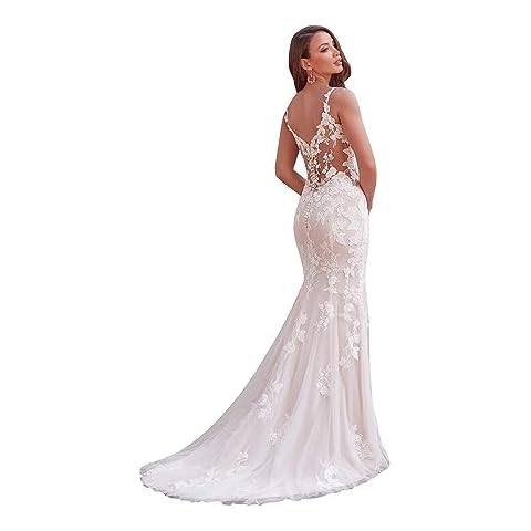 Sexy Mermaid Wedding Dresses for Bride Tulle Lace Applique Long V Neck Boho Bridal Gown for Women White 14 Cover