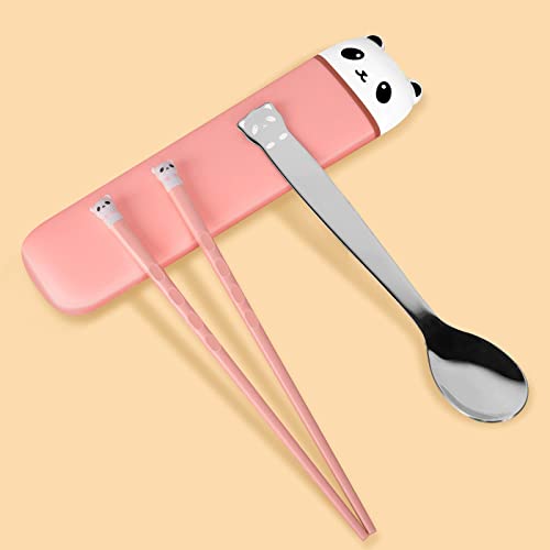 JinZu Tragbares Essstäbchen-Besteckset, Leichter Silikon-Essstäbchen und Edelstahllöffel mit Etui für Kinderschüler und Bürodame, wiederverwendbares tragbares Utensil für Camping, Reisen (Rosa) Cover