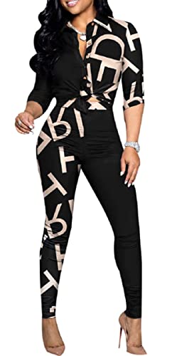 2 Piece Outfits for Women Sexy Bodycon Long Sleeve Button Down Crop Tops Long Pants Sets Floral Print Tracksuits