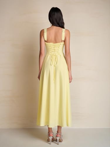 Image of KUTUMAI Floral Corset Midi Dresses for Women 2026 Lace Up Flowy Summer Wedding Guest Dress with Pockets