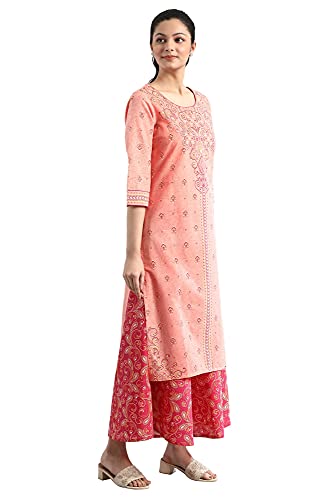Image of Aurelia Women's Peach Floral Printed Printed Cotton Regular Kurta