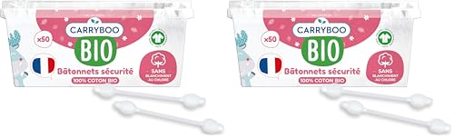 CARRYBOO - Palitos de seguridad para bebé de algodón orgánico - Caja de 50 palos (Paquete de 2)