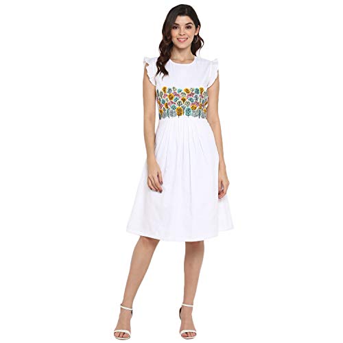 Image of DEEBACO White Front Embroidered Ruffle Dress Front Yoke Ruffle Detail at Upper Sleeveless Casual Round Neck Middi Dress