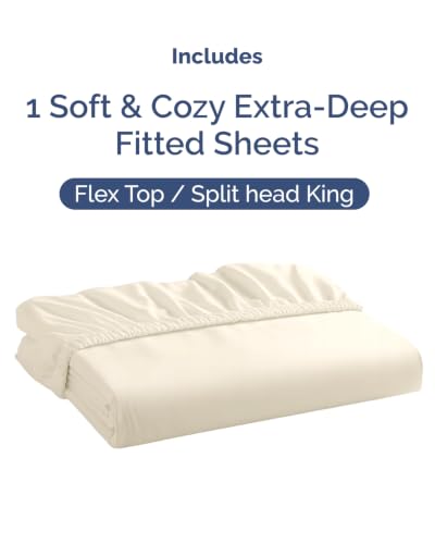Image of Extra Deep Flex Top Split Head King Fitted Sheet - Hotel Luxury Single Fitted Sheet Only - Easily Fits 18 inch to 24 inch Mattress - Ultra Soft, Wrinkle Free w /Extra Deep Pockets - Off White
