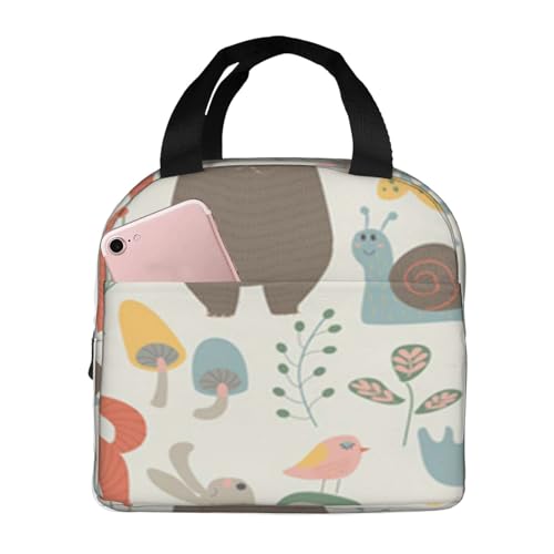断熱ランチバッグ 大容量 防水 熱漏れ防止 スタイリッシュで丈夫 仕事、学校、アウトドア活動に便利 男女兼用 (かわいいクマ、ウサギ、ヘラジカ、キツネ、ハリネズミの森の動物たち)